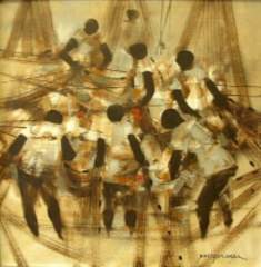 Paco Gorospe - Oil on canvas painting - Mending Fishing Nets (untitled)