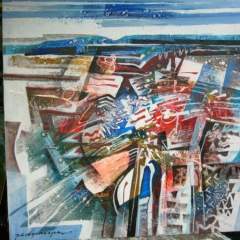 Abstract with blue, red, and white