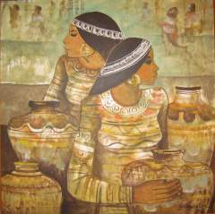 Paco Gorspe painting - Two Filipina ladies with jars