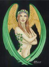 Nude Angel with Green and Golden Wings