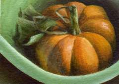 Orange Pumpkin in Green Bowl by DebbieShirley