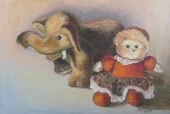 Stuffed toy baby elephant with baby girl rag doll