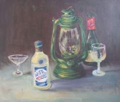 Vodka, wine and an old oil lamp