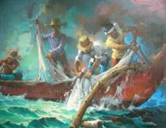 Fishermen hauling their net on a stormy sea