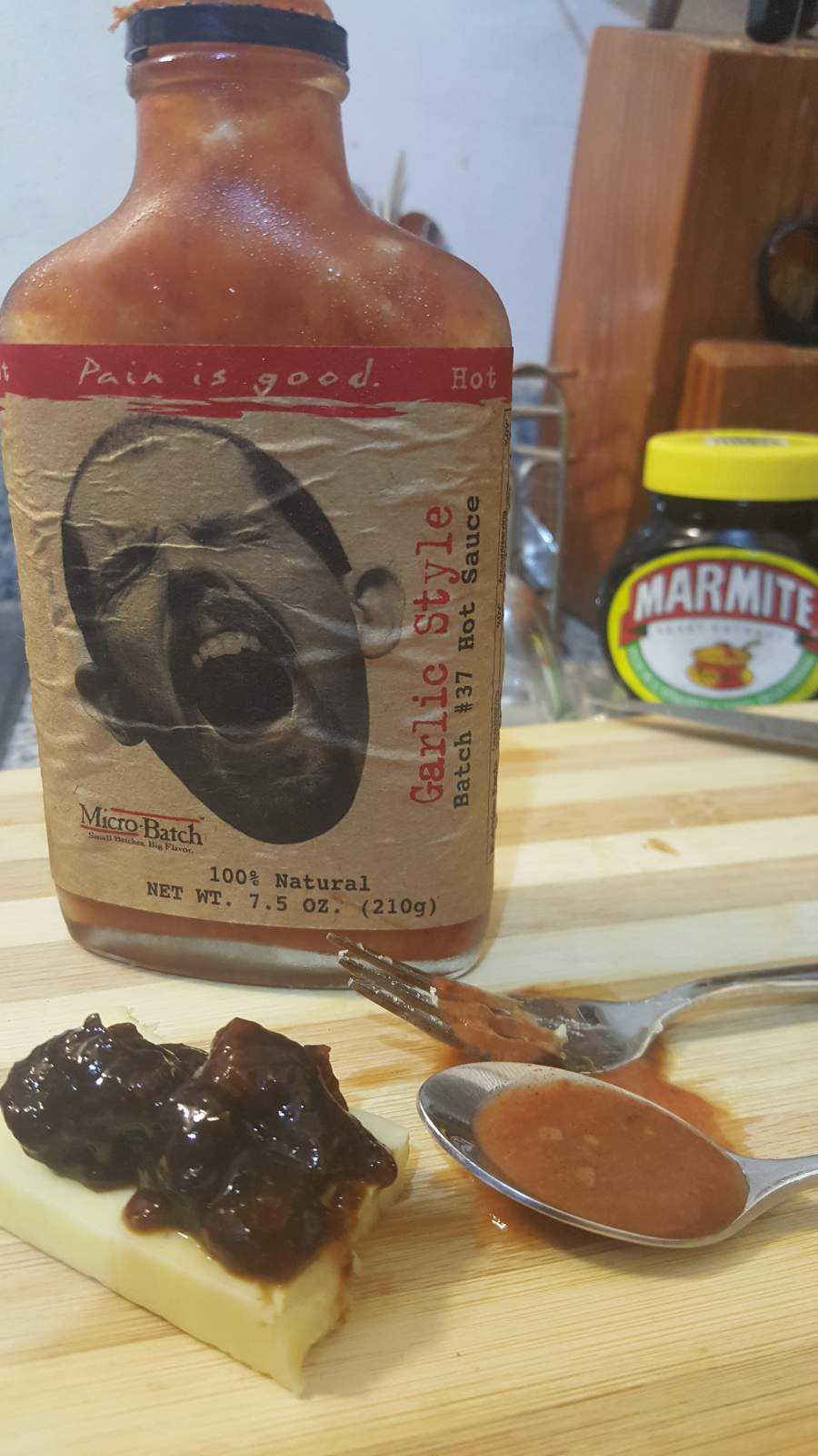 Pain is good Luisiana hot sauce - and a jar of Marmite