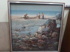 Mike Herrera painting - fishermen arranging their net on the beach