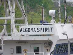 DAY 2 ALGOMA SPIRIT - showing search lights and ship's name plate on the Monkey Island -  (the Deck above the Navigation Bridge)