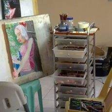 Amateur pastel painting artist's studio
